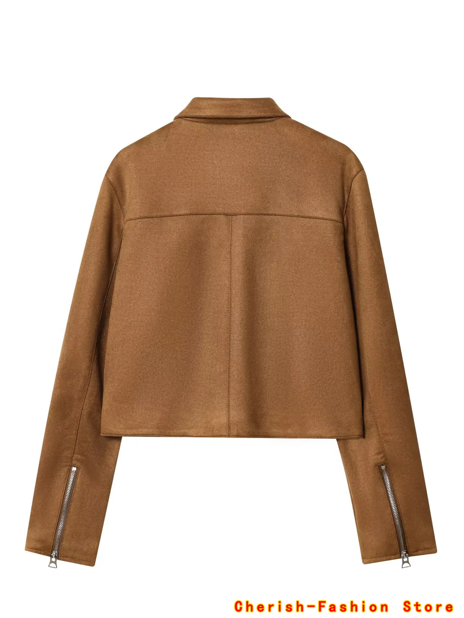Elegante Bomber Imitatie Herten Huid Fluwelen Jas Vrouwen Revers Lange Mouw Rits Vest Tops met Zakken Vrouwelijke Bovenkleding