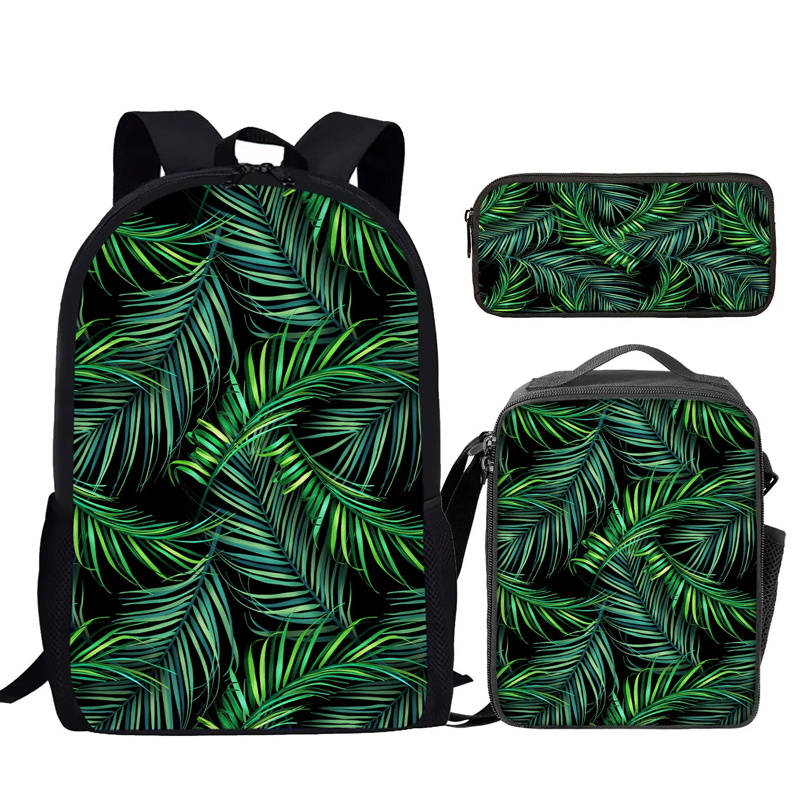 3pcs Green Palm Leaf Printing Youth Large Capacity Backpack Tropical Plant Casual Messenger Bag With Zipper Student Pencil Case