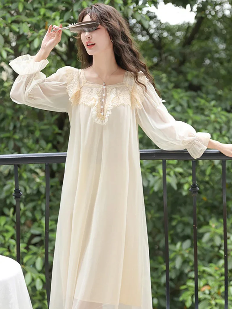 French Retro Princess Pajamas Nightdress for Women Spring Autumn Long Sleeve Mesh Modal Fairy Victorian Nightgowns Sleepwear