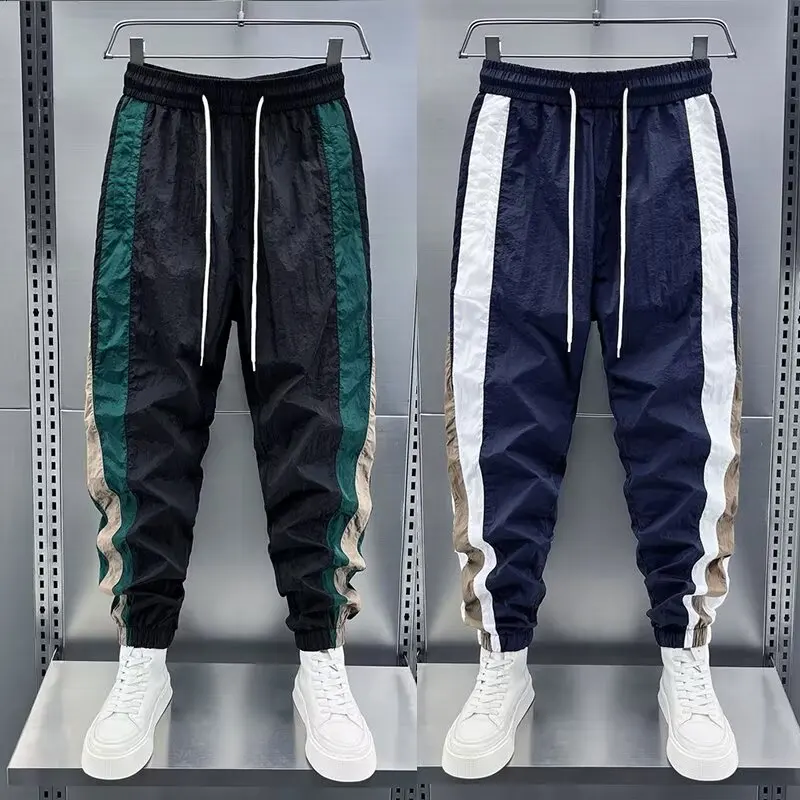 Stripe Splicing Bunched Feet Sweatpants Mens Fashion Baggy Casual Pants Nine Points Haren Pants Summer Quick Drying Odzież Męska