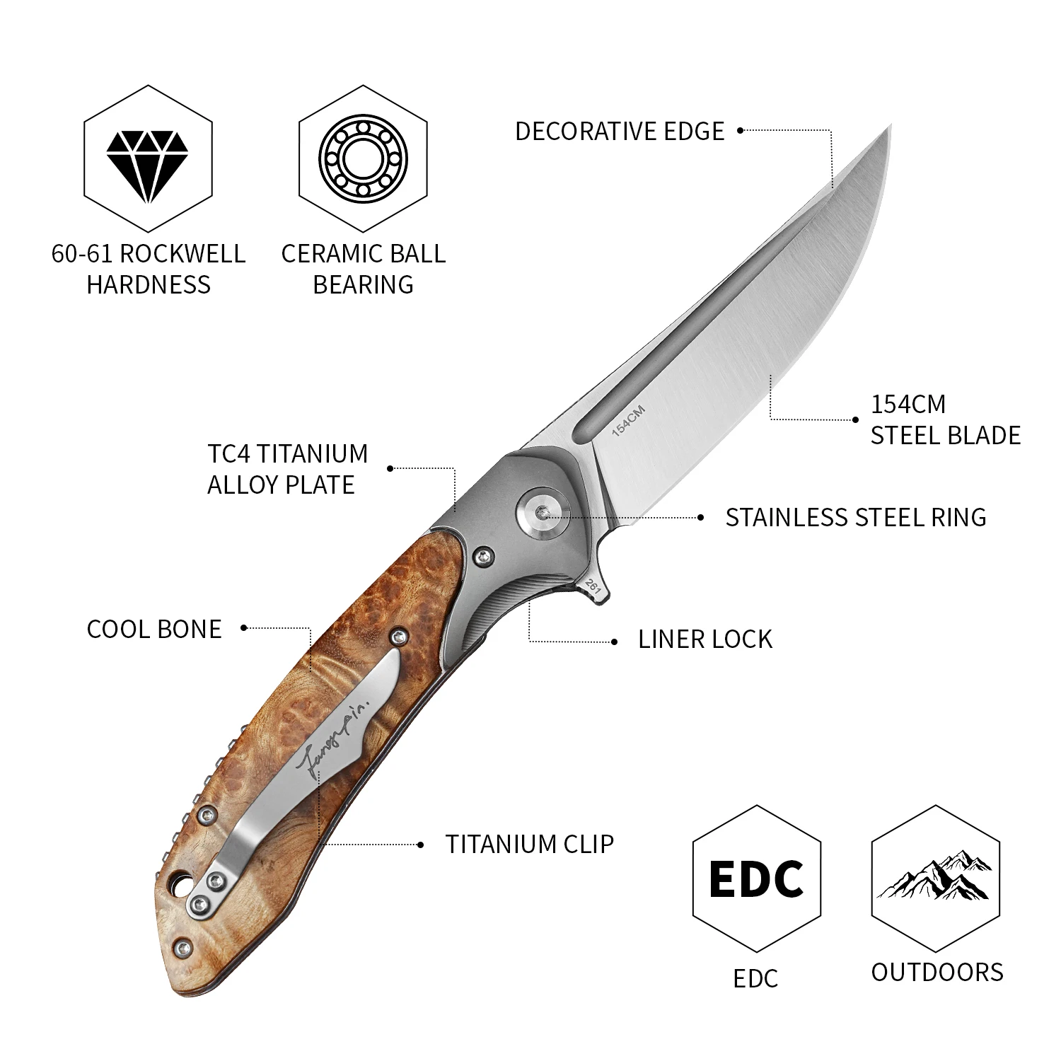 NEWOOTZ imported 154CM steel white shadow wood handle EDC handmade tool can be used as a gift collection folding knife