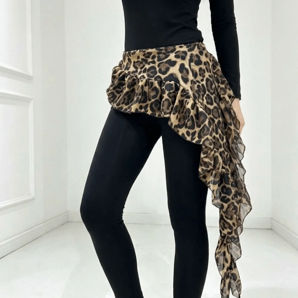 Solid Color Butt Curtain Skirt Leopard Print Y2K Ruffles Trim Butt Curtain Waist Scarf Irregular Hem Mini Apron Jazz Dance