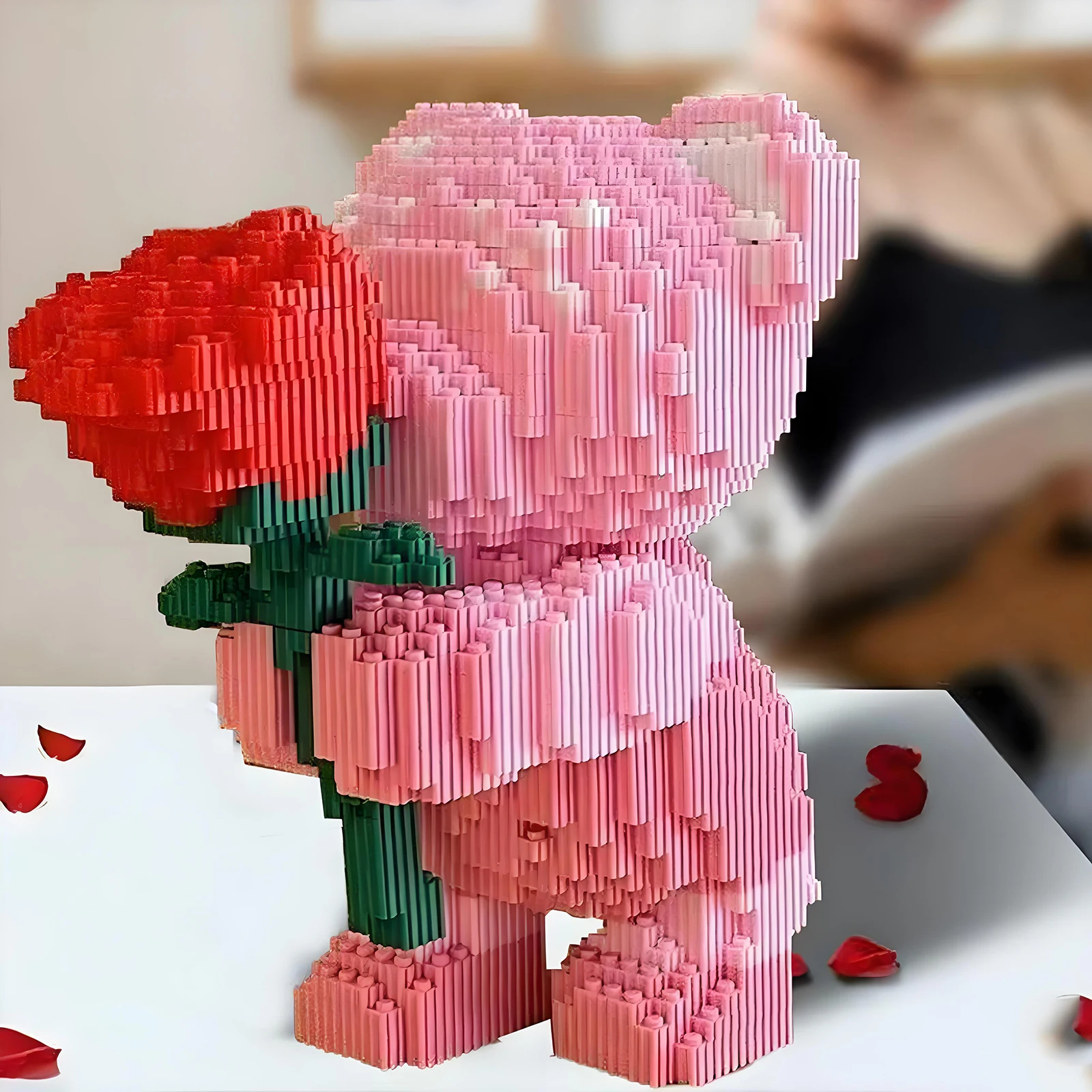 3D Pink Rose Bear Micro Building Block Set Eco-Friendly Plastic Fade-Resistant DIY Assembled for Valentine’s Anniversary Wedding