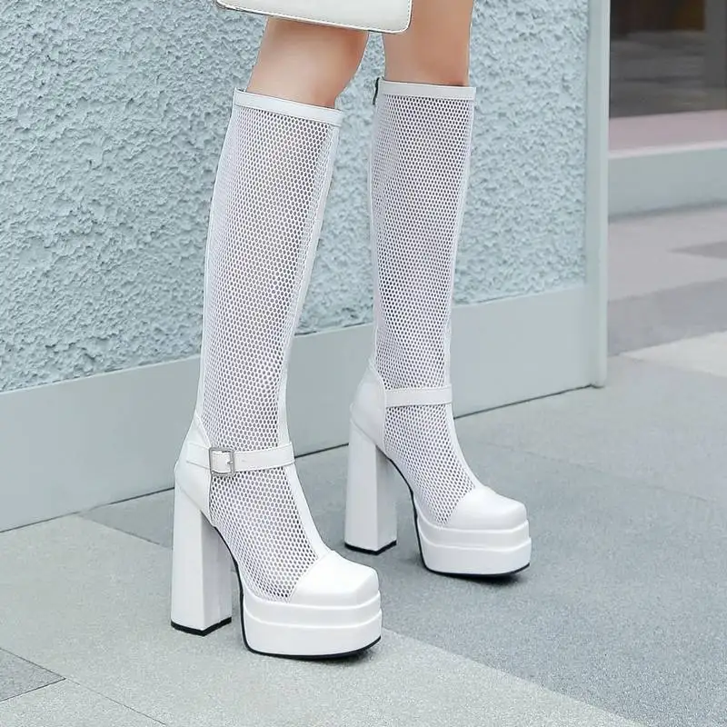 REAVE CAT Luxry Shoes Women Knee-high Summer Boots Toe Chunky Heel 14cm Platform 4.5cm Buckle Size 45