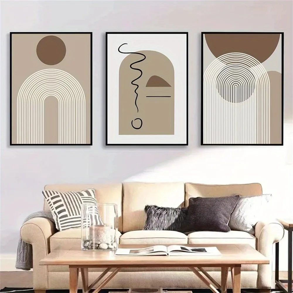 3pcs Frameless Bohemian Modern Abstract Line Poster,Geometric Brown Beige Mural Painting Living Room Bedroom,Wall Home Decor