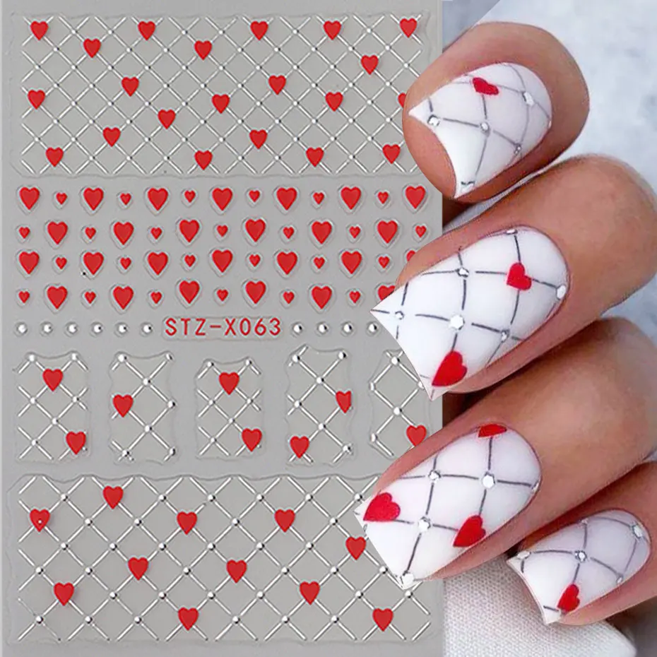 3D Valentine Love Heart Nail Stickers Sweet Red Hearts SIlver Line Decal Charms French Tips Nail Art Foils Manicure Slider Decor