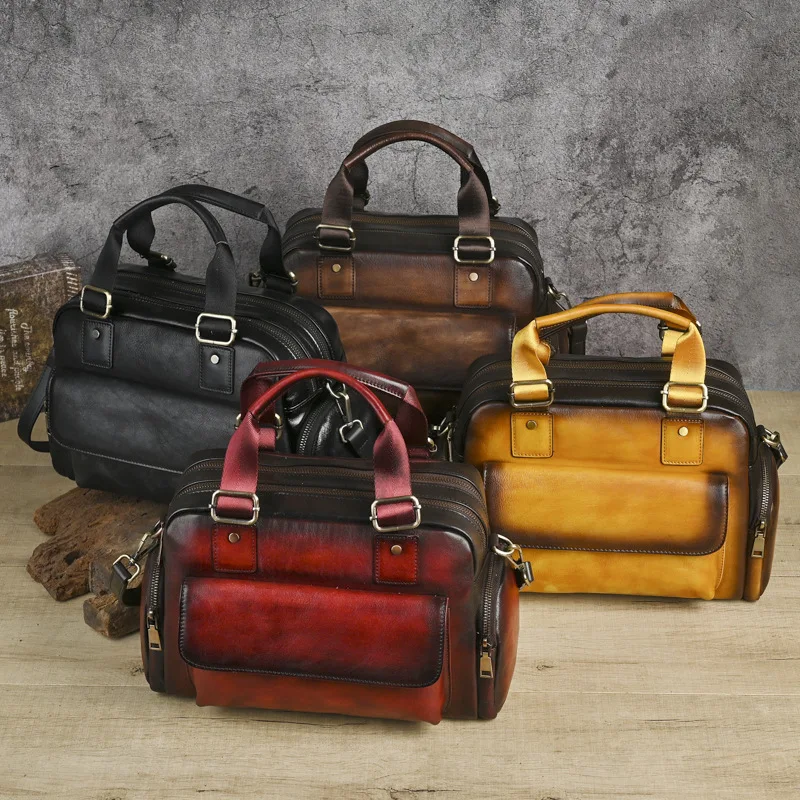 

Винтажная женская сумка из натуральной кожи с ручной росписью, множеством карманов, высококачественная деловая сумка-тоут, сумка через плечо и на плечо.