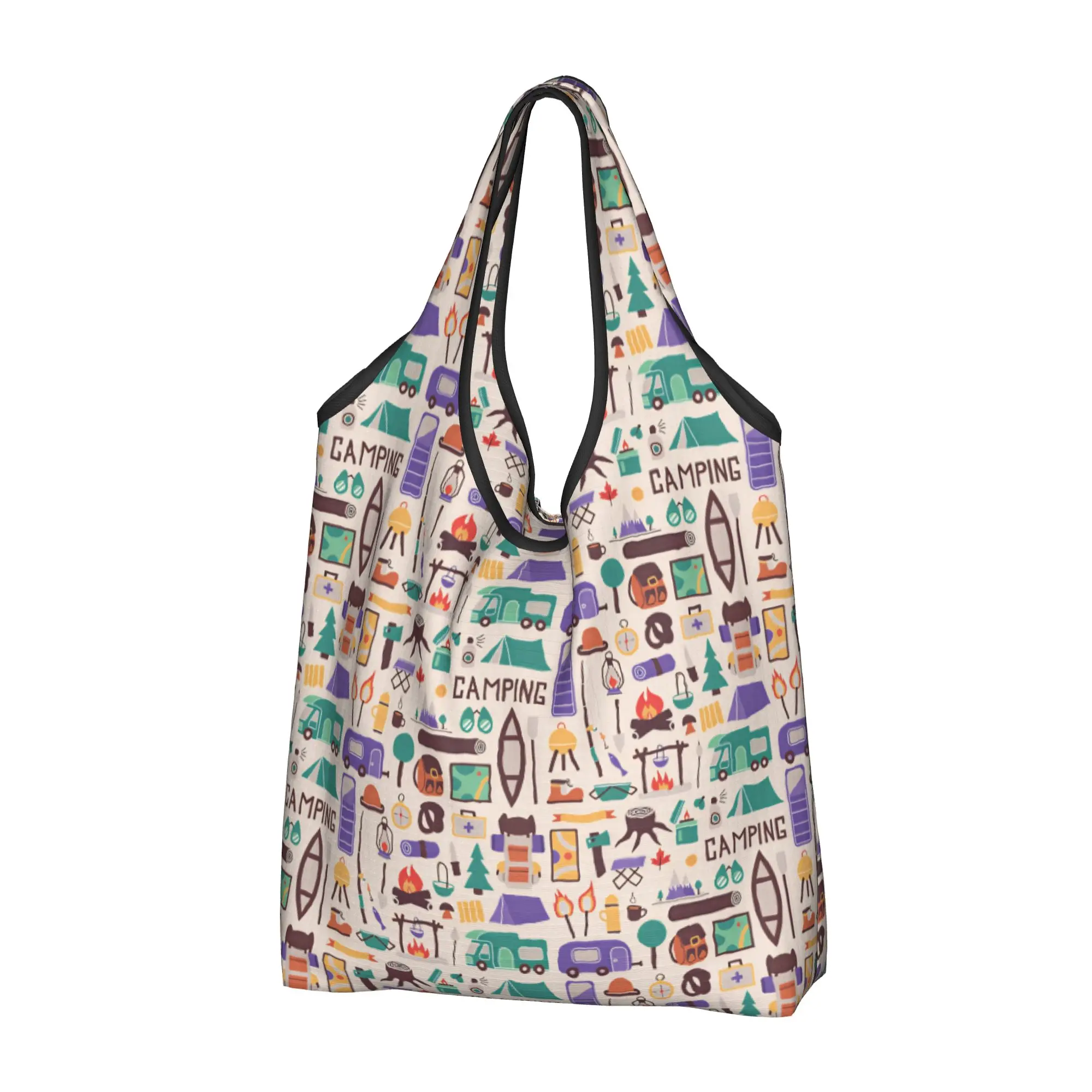 Funny Printed Adventure Camper Tent Compass Tote Shopping Bag Portable Shopper Shoulder Outdoor Sports Handbag