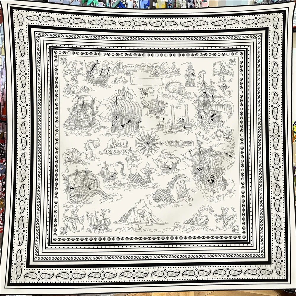 30% Silk 70% Cashmere Scarf Women Hand Rolled Horse Print Square Scarves Wraps Bandana Big Hijabs Female Foulard 135CM