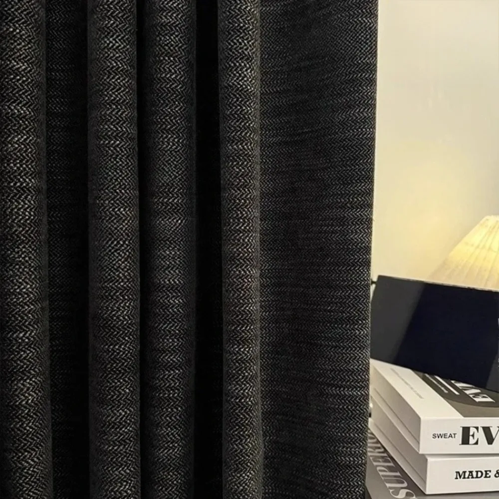 Curtains for Living Room Bedroom Black Chenille Linen Blend Ready Made Curtains in Modern Italian Minimalist Luxury Home Decor