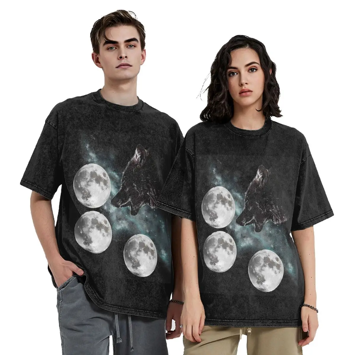 

Футболки с короткими рукавами в стиле хип-хоп «Три лунного волка», стираные топы, футболки, уличная футболка, повседневная футболка для мужчин и женщин