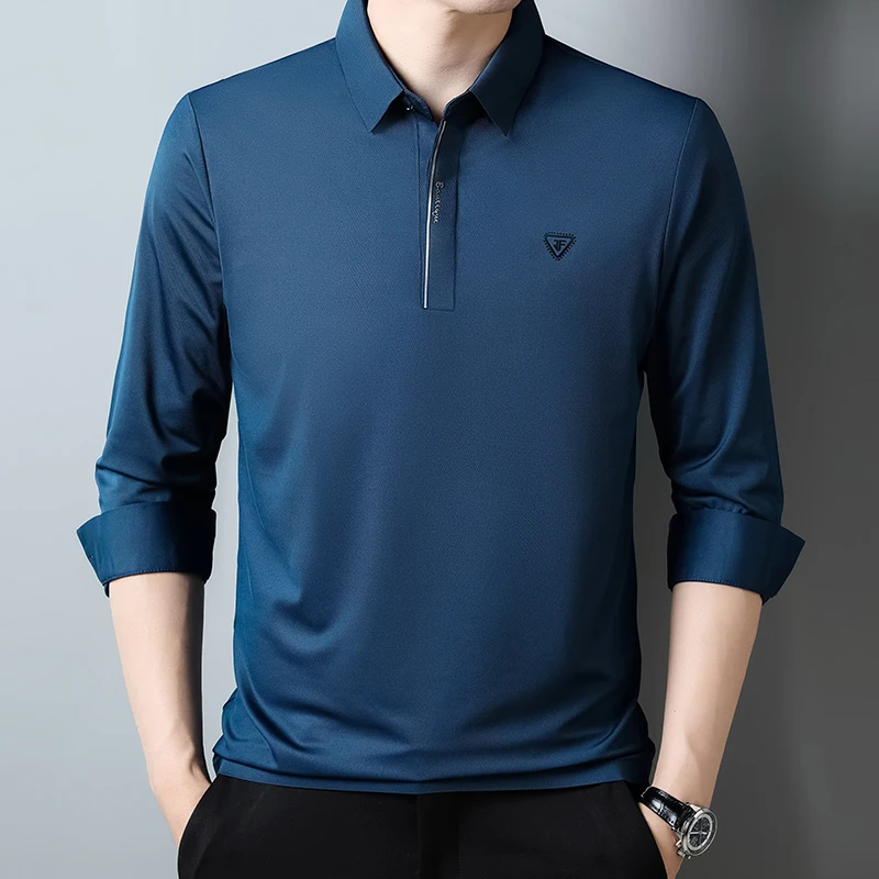 High Quality Autumn Winter Polo Shirts for Men Elasticity Long Sleeve Business Casual Collar T-Shirts