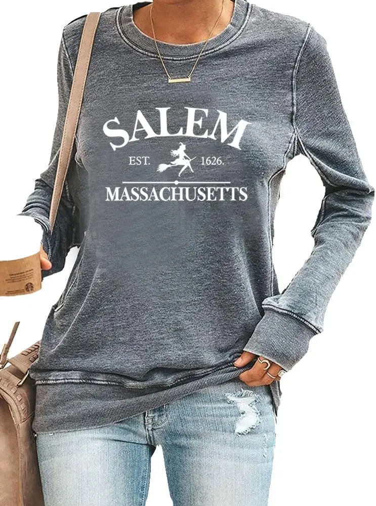 Salem Massachusetts 긴 소매 셔츠 캐주얼 할로윈 스웨트셔츠 빈티지 웃긴 크루넥