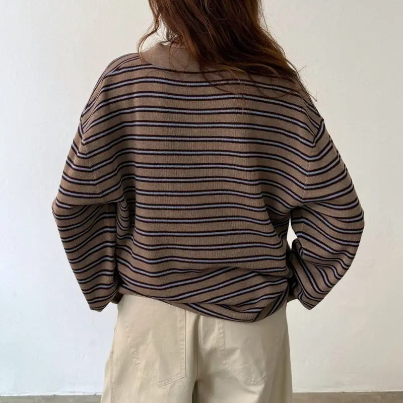 Combhasaki Donna Y2K Maglione vintage a righe con bottoni a contrasto e collo con risvolto, vestibilità ampia, casual, a maniche lunghe, pullover in maglia