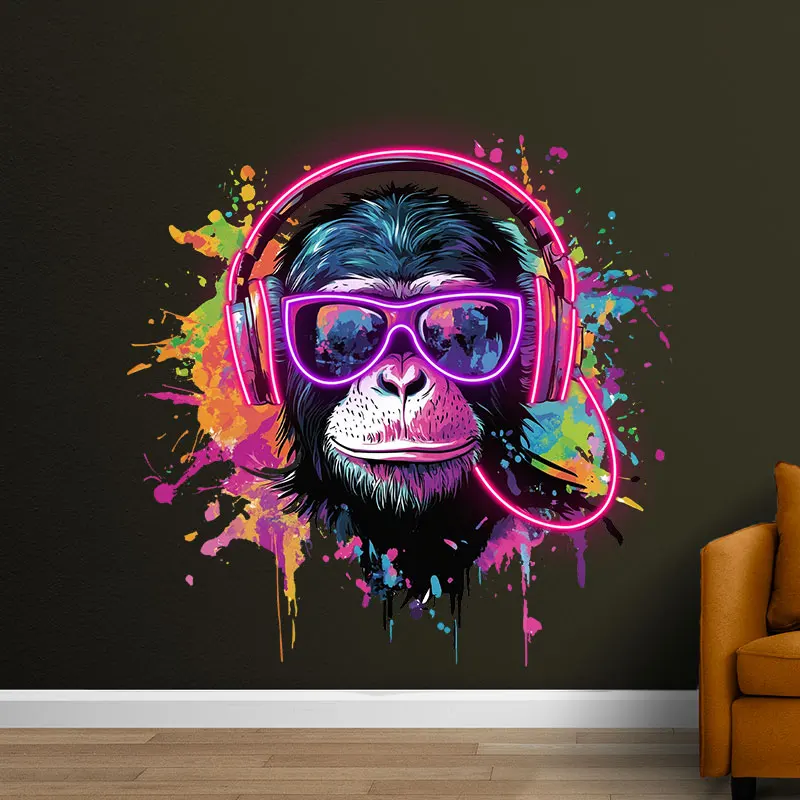 Toysign Custom Neon Light, Funky Headphones Monkey Neon Poster - Vibrant Paint Splatter Background, Retro Art for Music Lovers