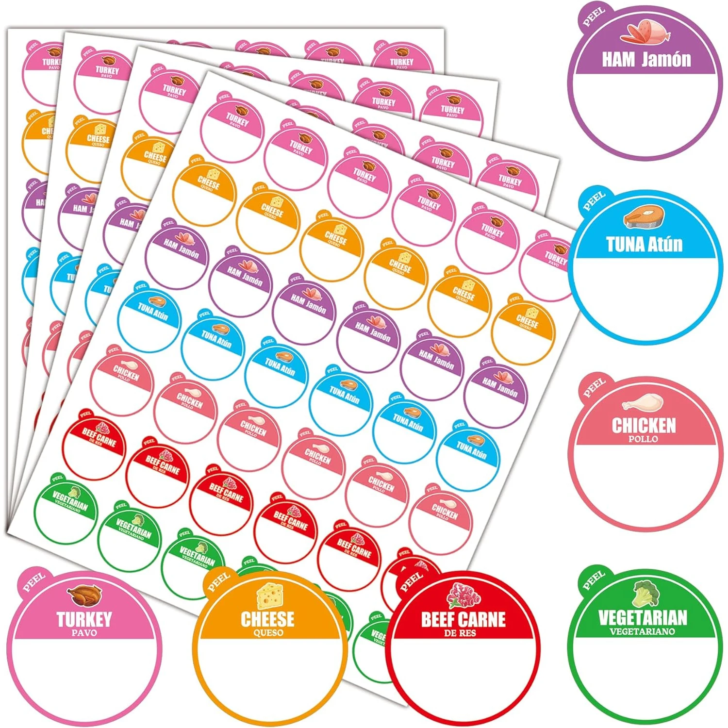 1050 Pcs Vegetarian Beef Cheese Chicken Ham Tuna Food Turkey Labels 1 inch Blank Sticker Labels to Write On for Party