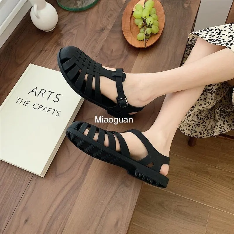 Jelly Shoes Casual Sandals Women\'s Comfortable Summer Ankle Strap Rubber Non-slip Female Footwear Hollow Out Fashion Retro Style