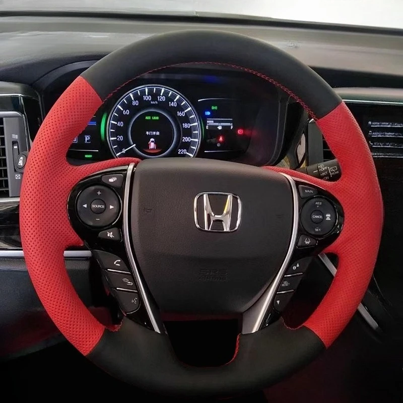

For Honda Accord 9 Odyssey 2013-2017 Crosstour 2013-2015 Hand-Stitched black red genuine leather Car Steering Wheel Cover