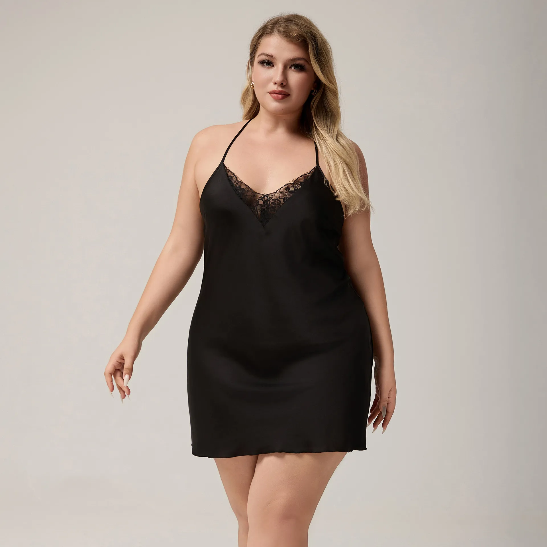 

Sexy V-Neck Nightgown Black Home Dressing Gown Plus Size Sleepdress Nightwear Loose Casual Ice Silk Nightie Lounge Wear