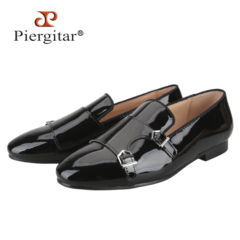 Piergitar New Black Color Patent Leather Men's Double Monk Shoes For Fashion Party/Show Formal Wear Slip-On Loafers Plus Size