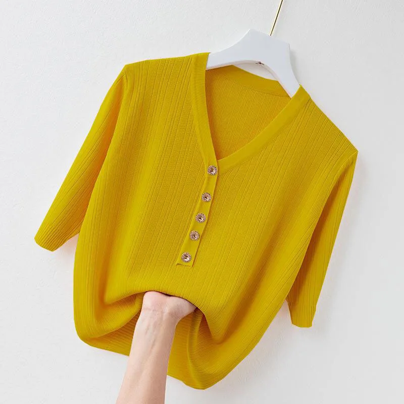 Women Clothing Fashion V-Neck Knitted Pullovers Spring Summer Exquisite Loose Knitwear Office Lady Casual Short Sleeve Top