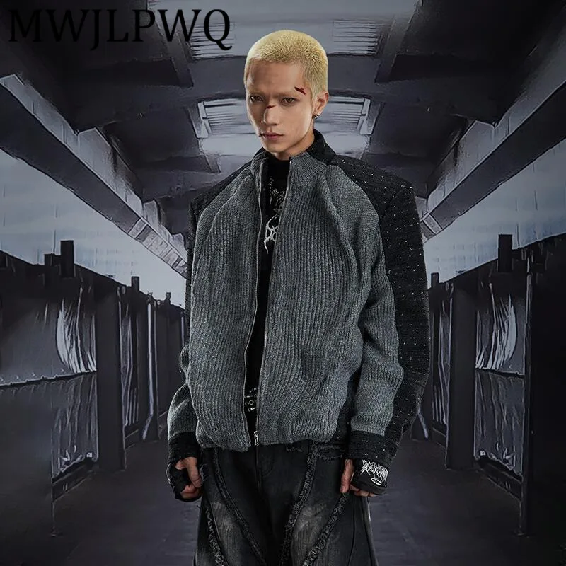 

MWJLPWQ Male Color Block Patchwork Deconstructed Padded High Street Long Sleeve Zipper Cardigan Thickened Warm Cotton Coat 12810