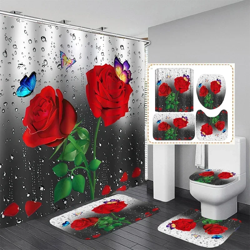 Modern Style Flower Durable Waterproof Shower Curtain Set Toilet Seat Cover Bath Non-Slip Mat Rug Carpet Bathroom Decor Washable