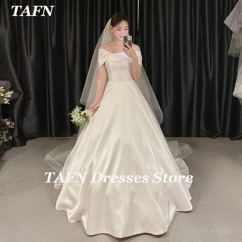 

TAFN Off the Shoulder Wedding Dresses A-line Elegant Bridal Gown Sweep Train Satin Korea Photo Shoot Dresses for Bride