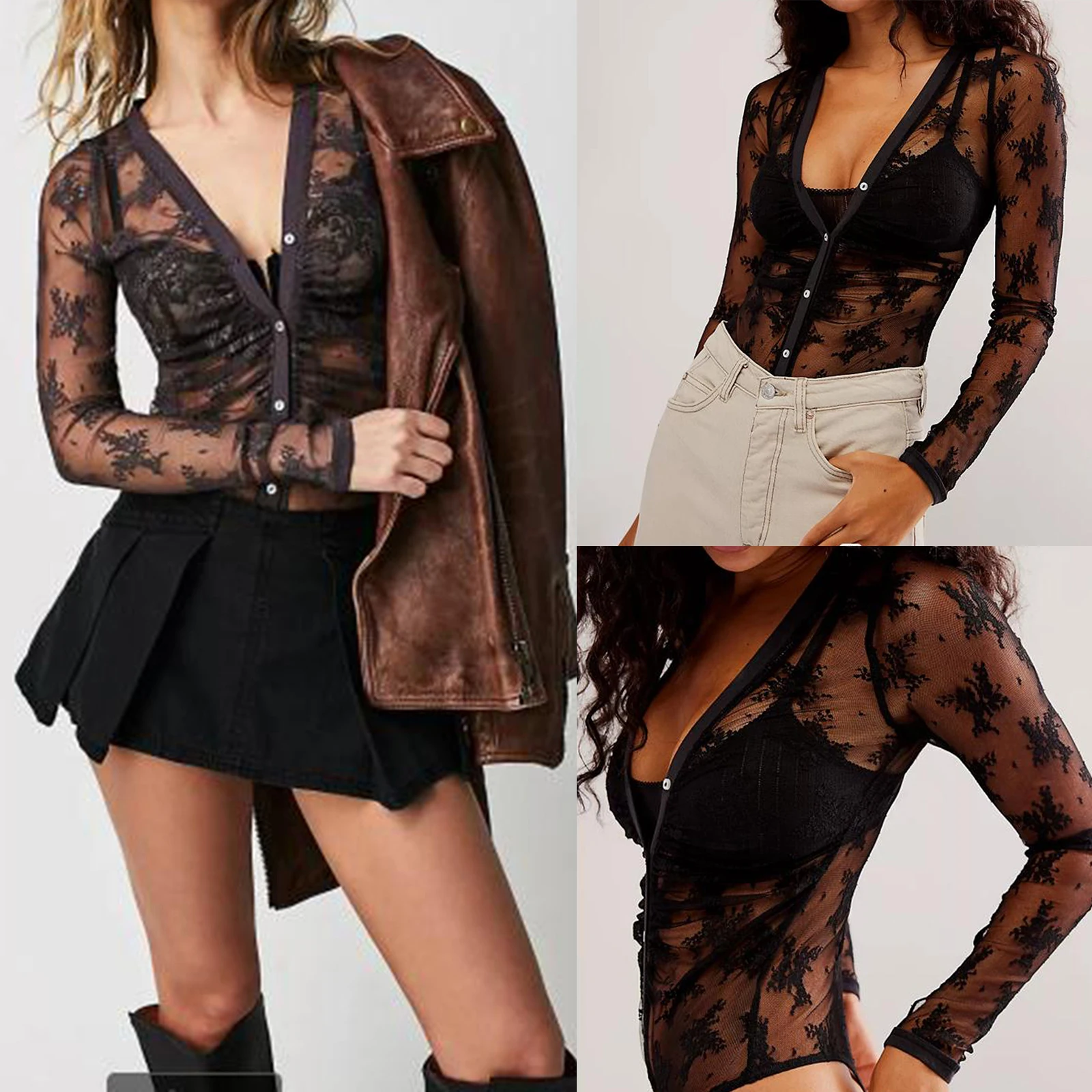 

Women Aesthetic Long Sleeve Bodysuits Lace Mesh See-Through V-Neck Ruched Buttons Bodycon Rompers Jumpsuits Streetwear