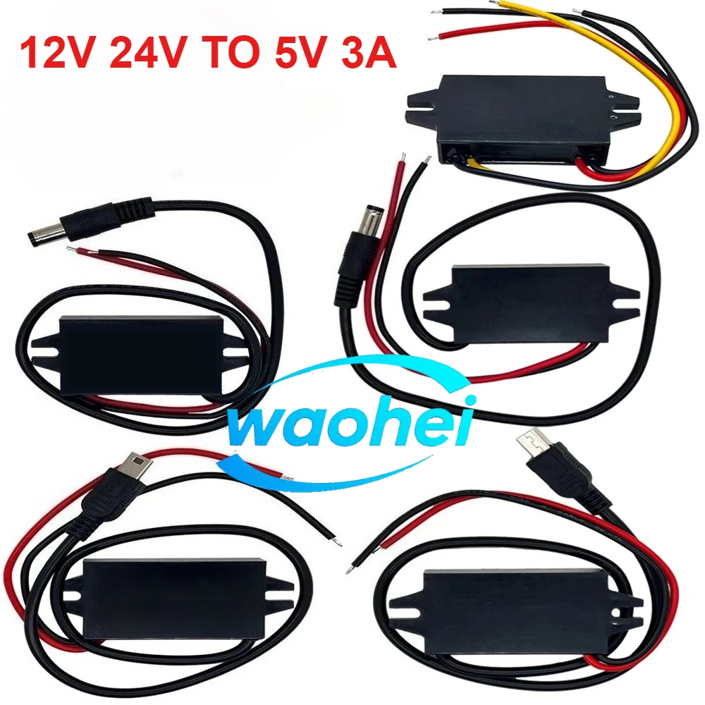 

Waterproof 12V/24 to 5V 3A 15W Converter DC-DC Step Down Module Power Adapter USB-A Female/Type C/dual USB/open Wire Connector
