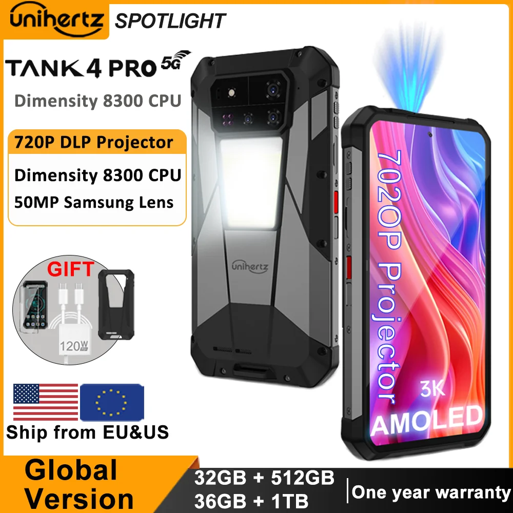 Unihertz by 8849 Tank 4 pro 5G Phone Built-in 720P Projector Dimensity 8300 16GB/18GB 3k AMOLED 11600mAh IP68/IP69