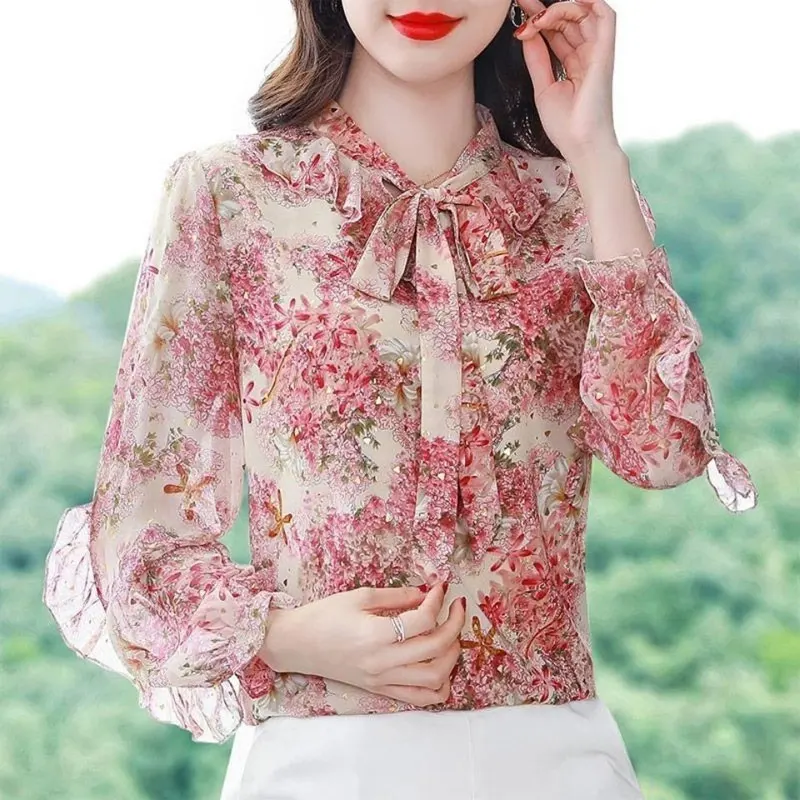 Office Lady Broken Flowers Printed Elegant Scarf Collar Blouse Female Ruffles Spliced Spring Autumn Bow Drawstring Korean Shirt