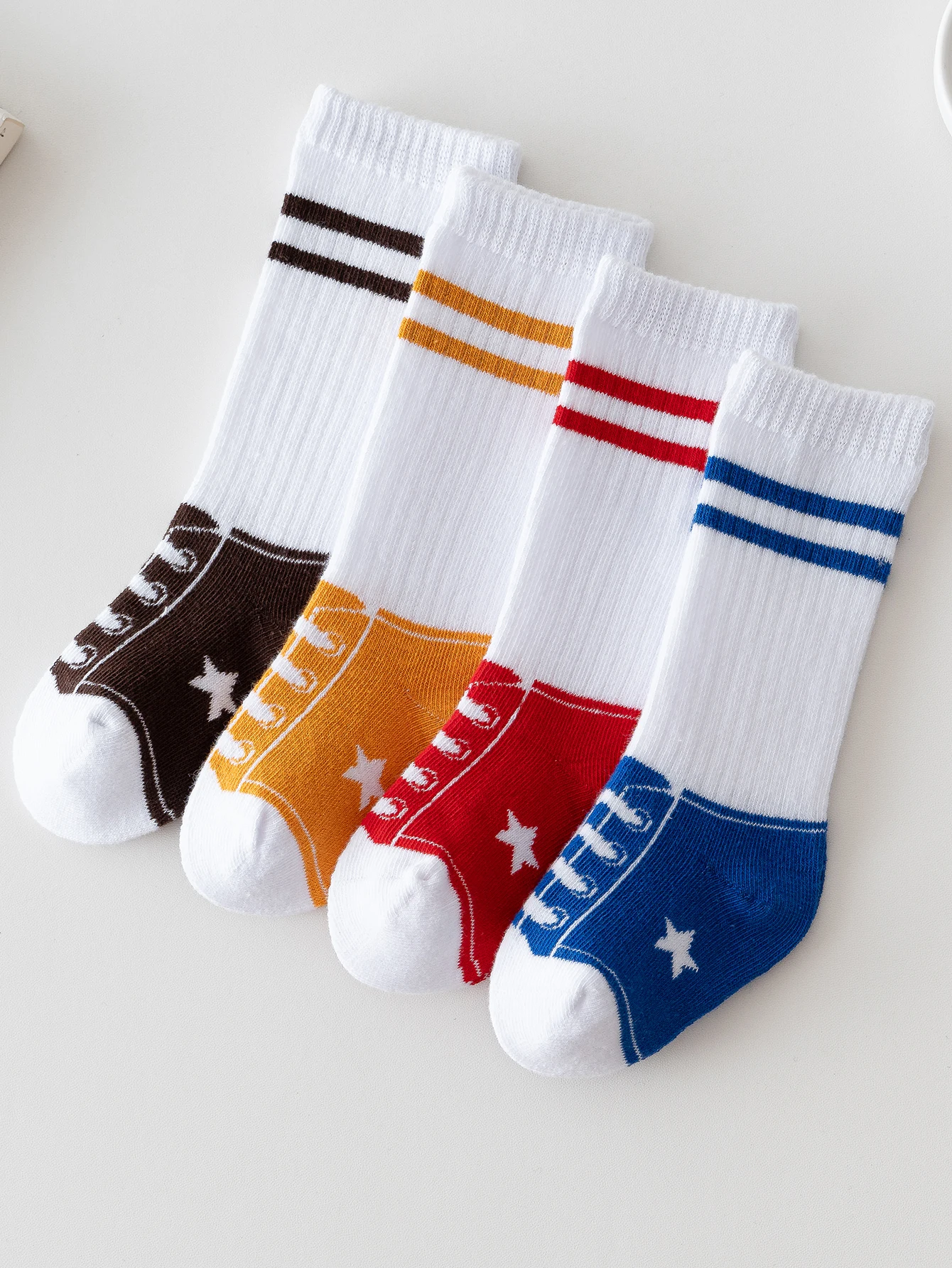 1/4 Pairs Toddler Mid Calf Crew Socks, Soft Breathable Cotton Kids Striped Socks with Star Sneaker Pattern, Stretchy Comfort School Daily Wear Baby Socks for Boys Girls