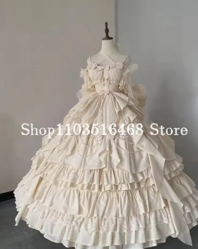 Luxe zuiver witte galajurk Victoriaanse gezwollen geplooide korset gelaagde vlinderdas parel halter maskerade rollenspel jurk op maat