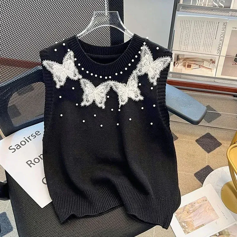 

New Beaded Solid Flower Solid Color Knitted Vest Vest Women Wear Soft Comfortable Fashionable Round Neck Vest Coat Autumn Winter