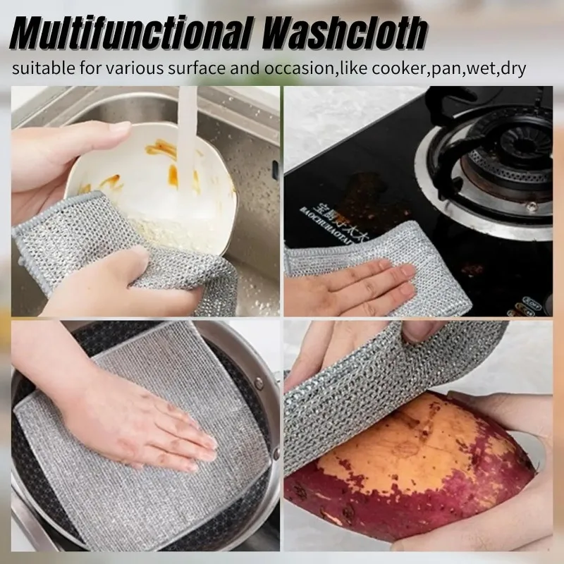 All Purpose Wire Dishwashing Rags Steel Wire Scrubbers Multifunctional Non Scratch Cleaning Cloths Double Layer Wire Scrubber