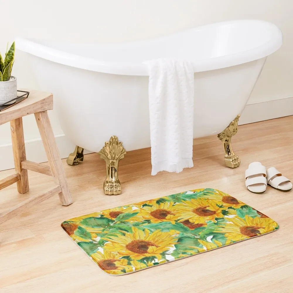 

bright yellow sunflower watercolorpattern Bath Mat Showers Foot Bathroom Mat