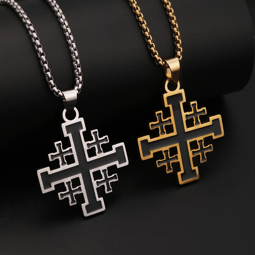 1PC Vintage Man's Durable Stainless Steel Jerusalem Crusader Templar Cross Necklace for Men Spiritual Jewelry