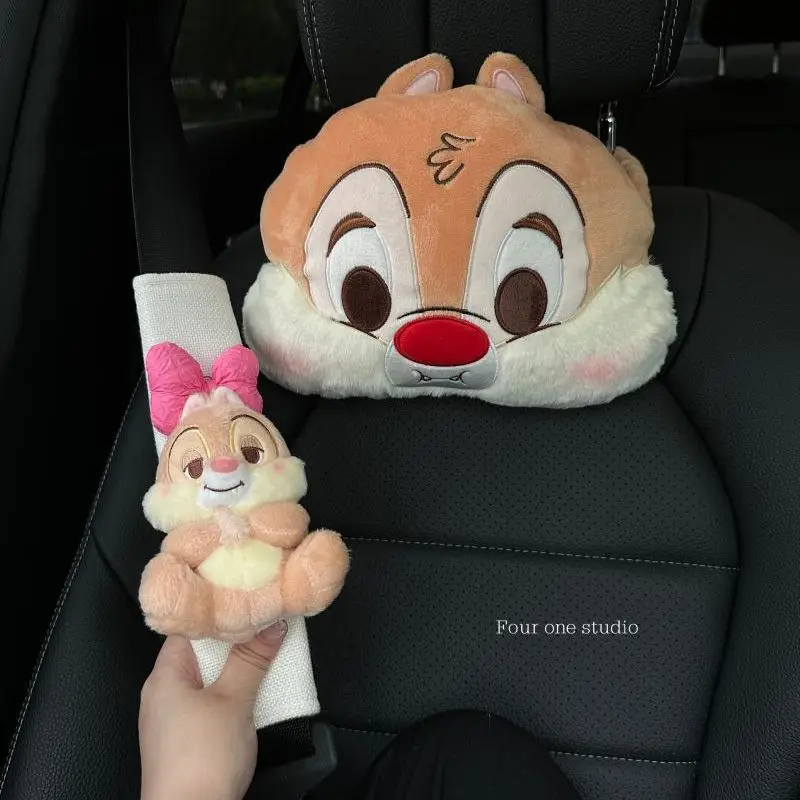 Disney Chip 'n' Dale Car Seat Headrest Kawaii Neck Headrest Pillow Car Accessories Waist Pillow Safety Belt Shoulder Protection