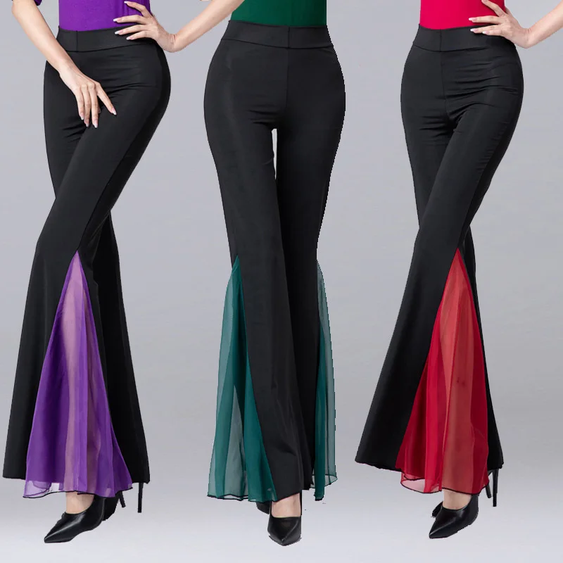 Calças de dança femininas elegantes calças largas calças de dança do ventre de salão latino prática calça de dança traje de desempenho