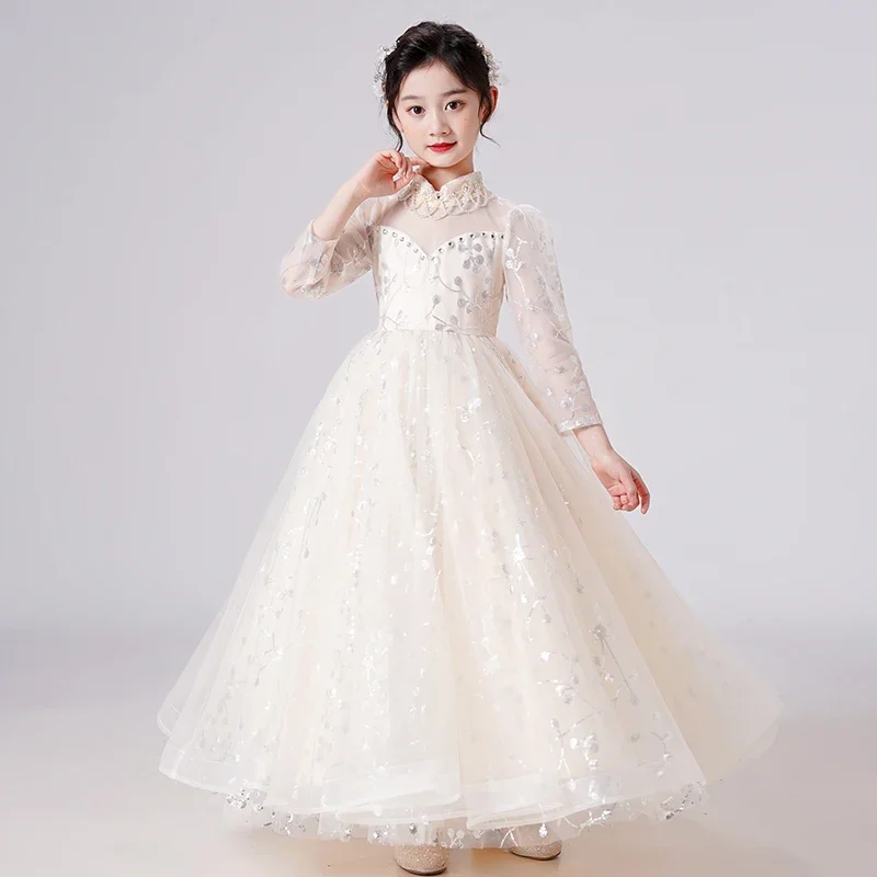 

Dress For Girls White Champagne Court Style Elegant Ankle-Length Long Sleeve Fluffy Mesh Flower Evening Dress For Wedding Party