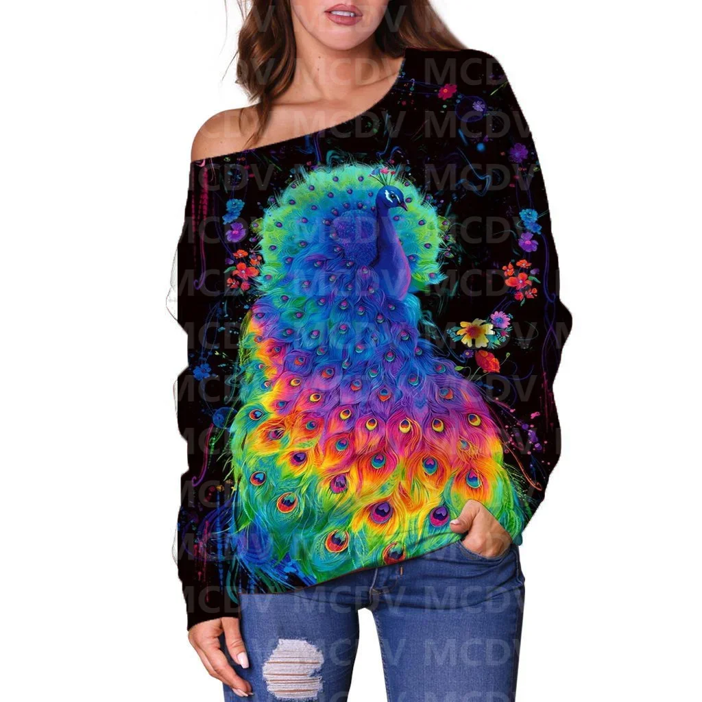 Women's Off Shoulder Sweater Peacock 3D Printed Women Casual Long Sleeve Sweater Pullover