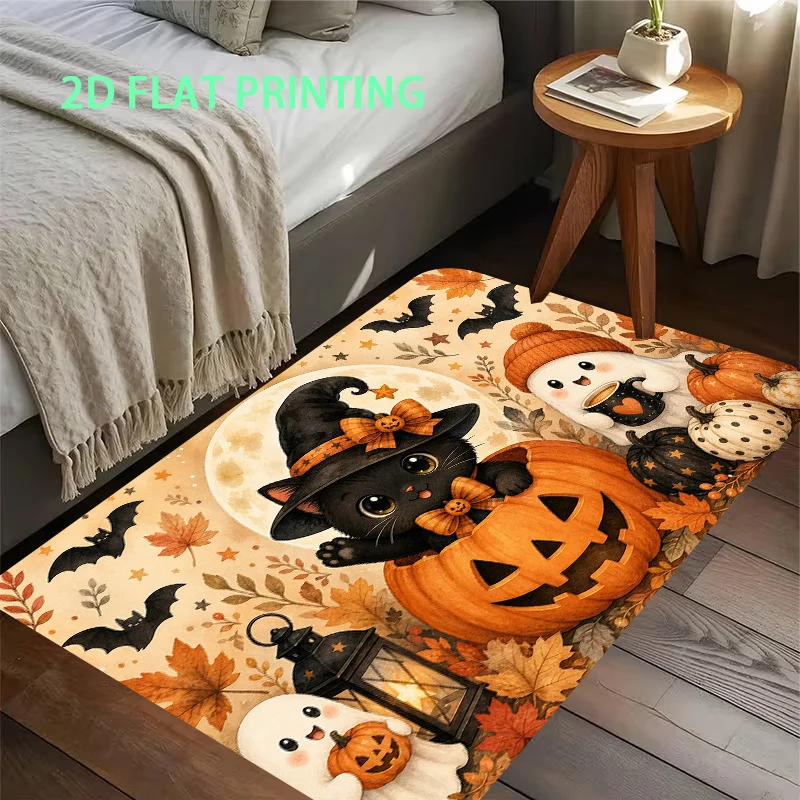 2D‑Printed Halloween Black Cat Pumpkin Maple Leaf Rug, Decor for Entryway, Bedroom, Balcony, Indoor‑Outdoor Parties