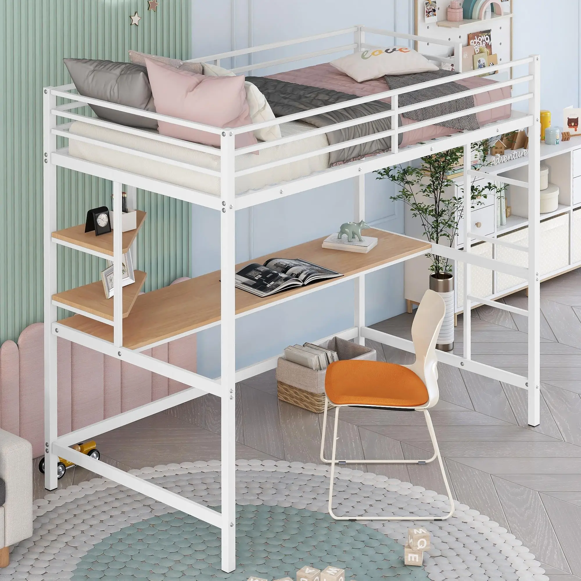 Twin Metal Loft Bed with Desk and Shelve,White