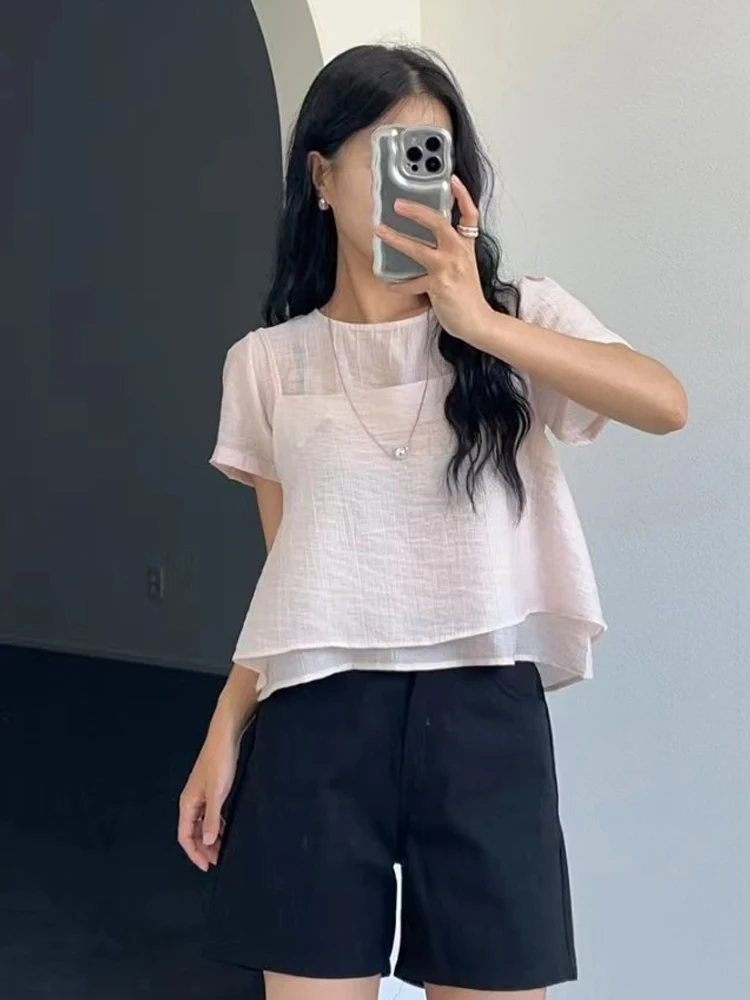 

Women's Summer New Gentle Sle round Ne Bubble Sve irt Chiffon Top Two-Piece Set Textured Feel ort Sve Blouse