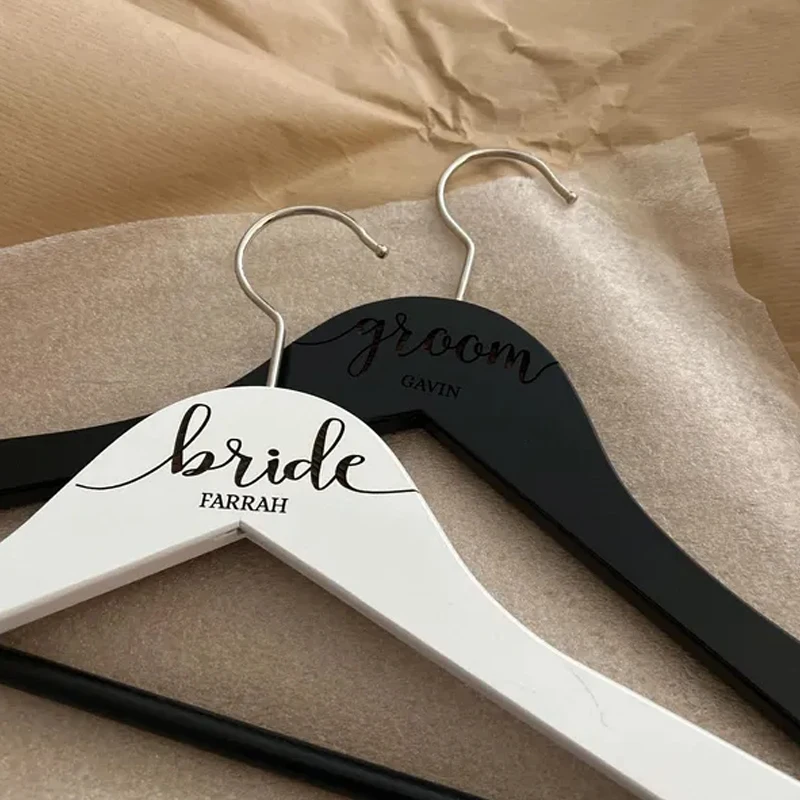 

SET of 2 Personalized Black White Hangers Engraved Hangers for Bride & Groom Wedding Bachelorette Party Bridal Shower Decoration
