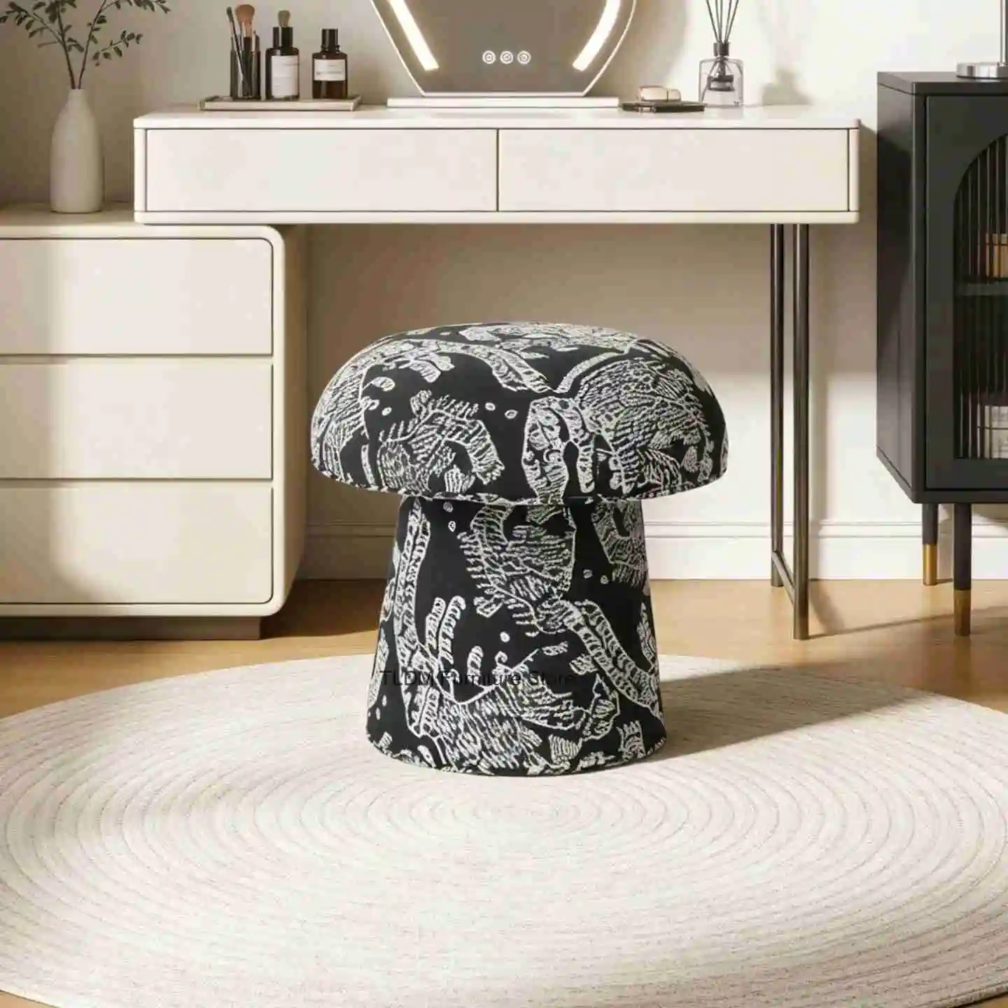 Cream Style Wrinkled Mushroom Dressing Stool, Light Luxury Soft Pack Round Chair, Bedroom, Living Room Sitting Stool