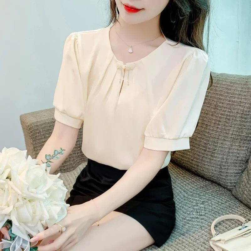 Designed Buttoned Satin Chiffon Blouse for Women Summer Puff Short-sleeved Sweet Chic Top