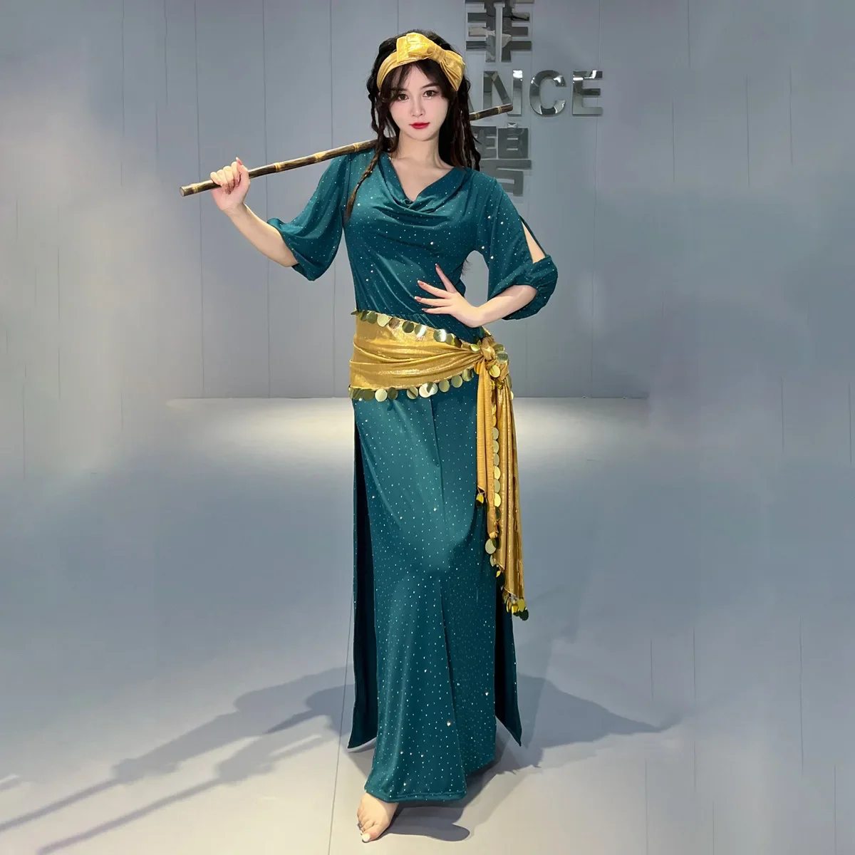 Femmes demi manches coton Robe + coiffure + ceinture 3 pièces Shabbi Baladi Performance Robes danse du ventre Performance Costume ensemble