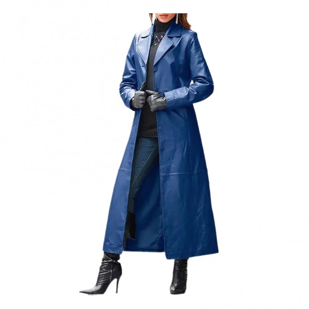 2024 Women Autumn Winter Solid Color Faux Leather Long Slim Wind Coat Windbreaker Women's Clothing Women's Outerwear Female Coat